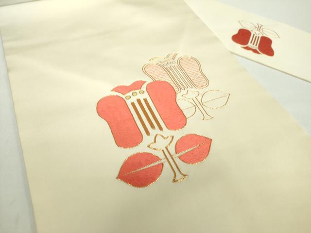 平和屋着物●塩瀬 九寸名古屋帯 駒刺繍 総刺繍 草花文 金糸 正絹 逸品 未使用 DAAX4930ps