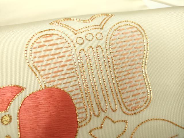 平和屋着物●塩瀬 九寸名古屋帯 駒刺繍 総刺繍 草花文 金糸 正絹 逸品 未使用 DAAX4930ps