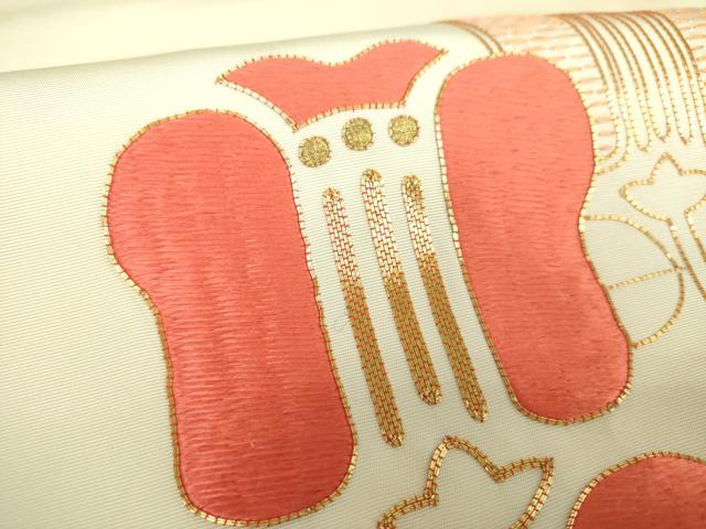 平和屋着物●塩瀬 九寸名古屋帯 駒刺繍 総刺繍 草花文 金糸 正絹 逸品 未使用 DAAX4930ps