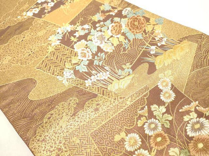 平和屋着物◎六通柄袋帯 唐織 色紙花文 金糸 正絹 逸品 DAAX5189cd
