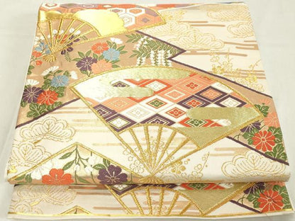 平和屋着物◎六通柄袋帯 唐織 扇面有職文 金糸 正絹 逸品 DAAX5194cd