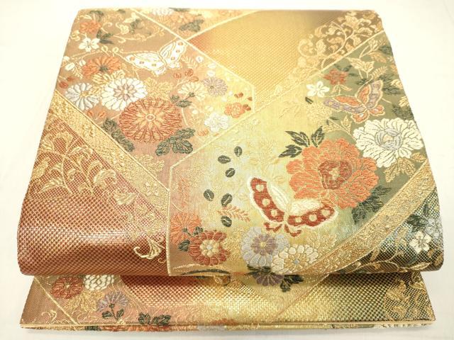 平和屋着物◎六通柄袋帯 切嵌花蝶文 金糸 正絹 逸品 DAAX5208cd