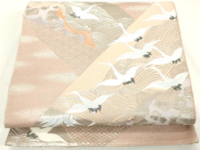 平和屋着物◎六通柄袋帯　唐織　琳派切取乾山鶴　銀糸　正絹　逸品　DAAX5244cd
