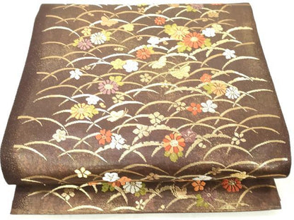 平和屋着物◎六通柄袋帯　唐織　露芝字花蝶文　金銀糸　正絹　逸品　DAAX5246cd