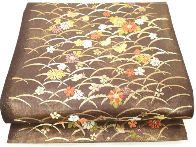 平和屋着物◎六通柄袋帯　唐織　露芝字花蝶文　金銀糸　正絹　逸品　DAAX5246cd