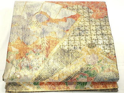 平和屋着物◎六通柄袋帯　扇花鳥文　金銀糸　正絹　逸品　DAAX5277cd