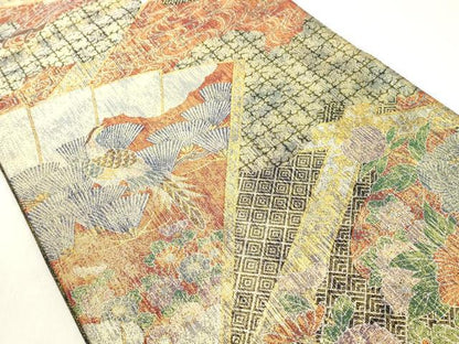 平和屋着物◎六通柄袋帯　扇花鳥文　金銀糸　正絹　逸品　DAAX5277cd