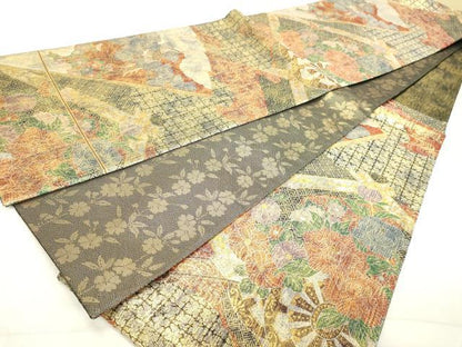 平和屋着物◎六通柄袋帯　扇花鳥文　金銀糸　正絹　逸品　DAAX5277cd