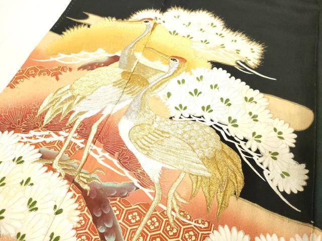 平和屋着物■豪華黒留袖　刺繍　群鶴吉祥松文　金彩　正絹　逸品　DAAX5298cd