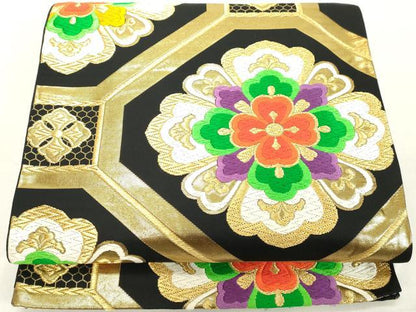 平和屋着物◎六通柄袋帯　唐織　蜀江花文　黒地　金糸　正絹　逸品　DAAX5428cd