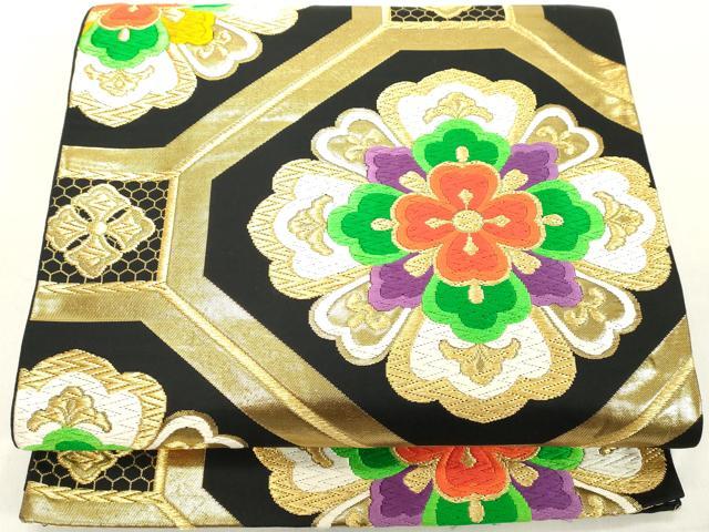 平和屋着物◎六通柄袋帯　唐織　蜀江花文　黒地　金糸　正絹　逸品　DAAX5428cd