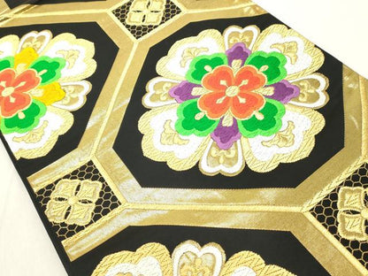 平和屋着物◎六通柄袋帯　唐織　蜀江花文　黒地　金糸　正絹　逸品　DAAX5428cd