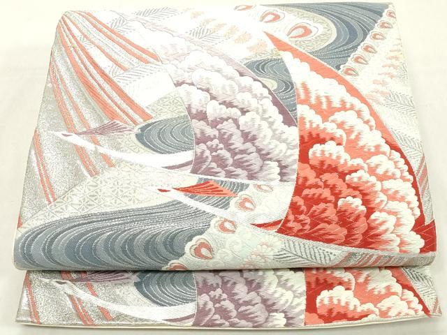 平和屋着物◎六通柄袋帯　唐織　流水飛鶴文　銀糸　正絹　逸品　DAAX5435cd