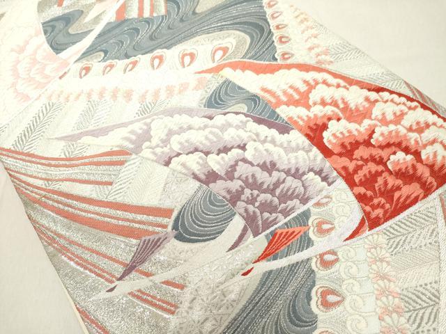 平和屋着物◎六通柄袋帯　唐織　流水飛鶴文　銀糸　正絹　逸品　DAAX5435cd