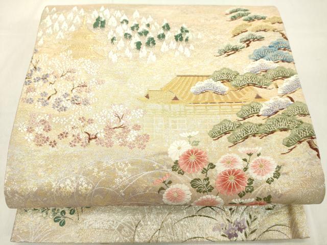 平和屋着物◎六通柄袋帯 唐織 風景花文 金銀糸 正絹 逸品 DAAX5456cd