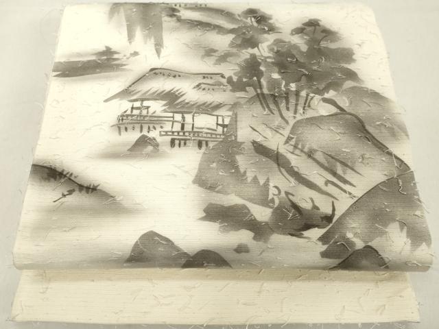平和屋着物◎六通柄袋帯　髭紬　手描き　風景文　正絹　逸品　DAAX5464cd