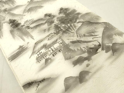 平和屋着物◎六通柄袋帯　髭紬　手描き　風景文　正絹　逸品　DAAX5464cd