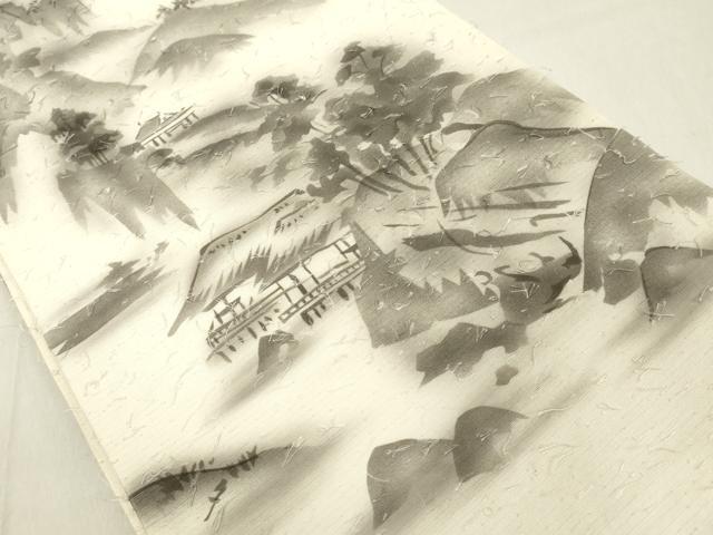 平和屋着物◎六通柄袋帯　髭紬　手描き　風景文　正絹　逸品　DAAX5464cd