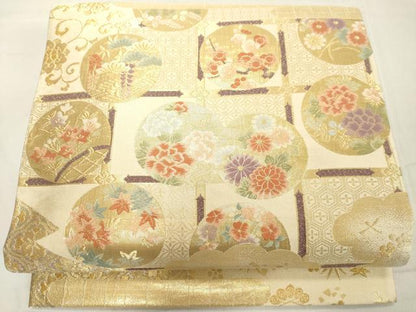 平和屋着物◎六通柄袋帯　格子花文　金銀糸　正絹　逸品　DAAX5465cd