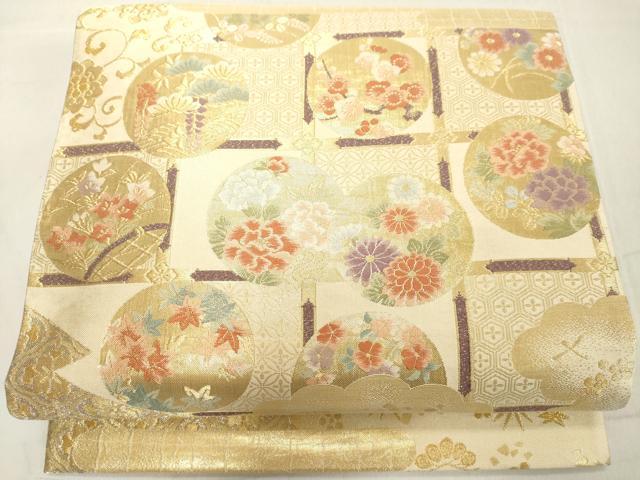 平和屋着物◎六通柄袋帯　格子花文　金銀糸　正絹　逸品　DAAX5465cd