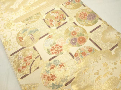 平和屋着物◎六通柄袋帯　格子花文　金銀糸　正絹　逸品　DAAX5465cd