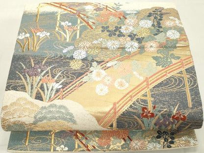 平和屋着物◎六通柄袋帯　唐織　渡橋花文　金糸　正絹　逸品　DAAX5466cd