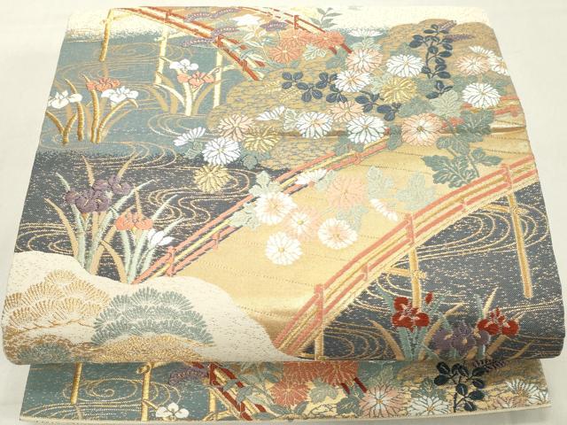 平和屋着物◎六通柄袋帯　唐織　渡橋花文　金糸　正絹　逸品　DAAX5466cd