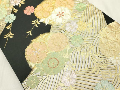 平和屋着物◎六通柄袋帯 流水花文 黒地 金銀糸 正絹 逸品 DAAX5474cd