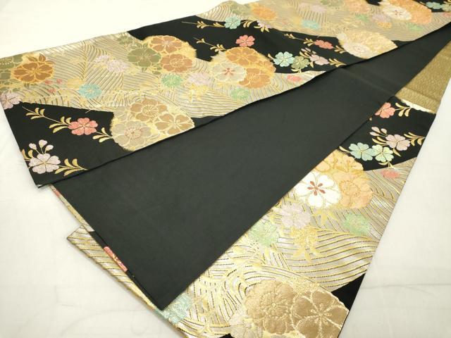 平和屋着物◎六通柄袋帯 流水花文 黒地 金銀糸 正絹 逸品 DAAX5474cd