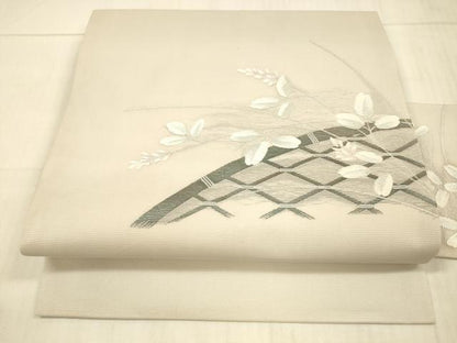 平和屋着物＊夏物 九寸名古屋帯 籬草葉文 銀糸 正絹 逸品 DAAX5525cm