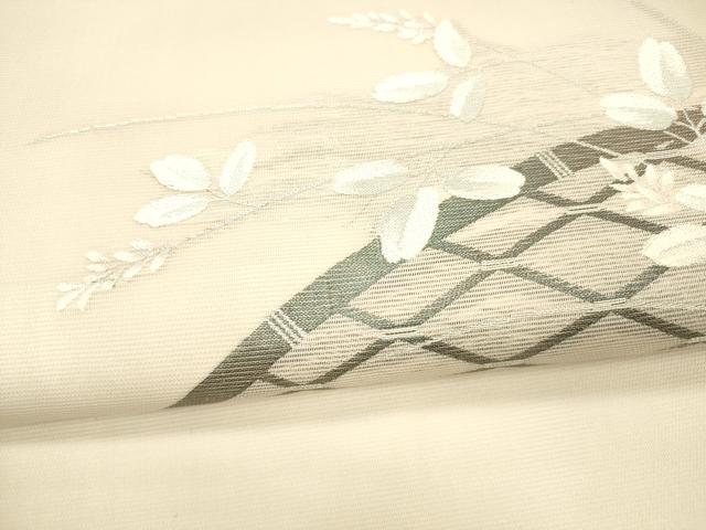 平和屋着物＊夏物 九寸名古屋帯 籬草葉文 銀糸 正絹 逸品 DAAX5525cm