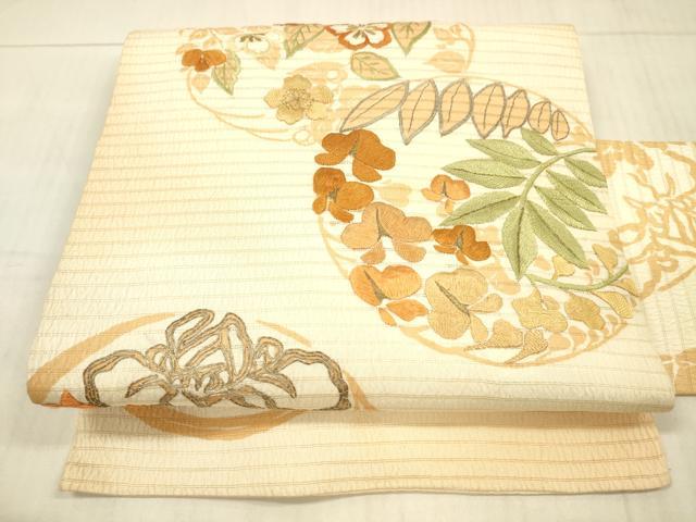 平和屋着物＊夏物 アンティーク 大正ロマン 九寸名古屋帯 駒刺繍 草花文 金糸 正絹 逸品 DAAX5526cm