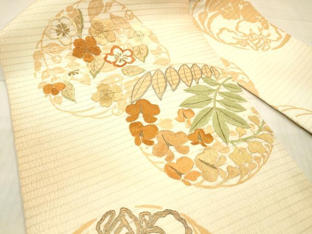 平和屋着物＊夏物 アンティーク 大正ロマン 九寸名古屋帯 駒刺繍 草花文 金糸 正絹 逸品 DAAX5526cm