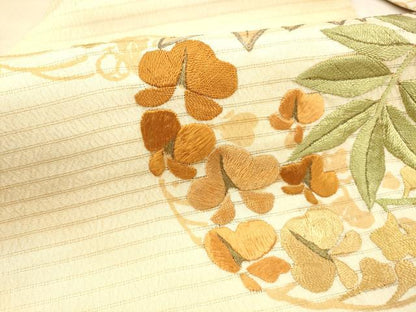 平和屋着物＊夏物 アンティーク 大正ロマン 九寸名古屋帯 駒刺繍 草花文 金糸 正絹 逸品 DAAX5526cm