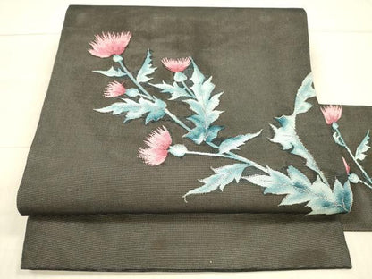 平和屋着物＊夏物 九寸名古屋帯 草花文 黒地 銀糸 正絹 逸品 DAAX5529cm