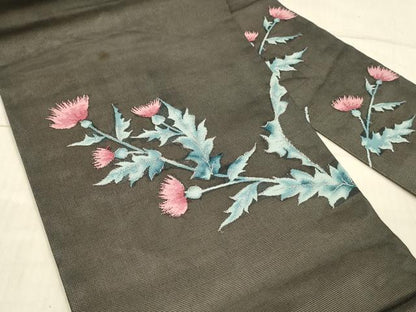 平和屋着物＊夏物 九寸名古屋帯 草花文 黒地 銀糸 正絹 逸品 DAAX5529cm