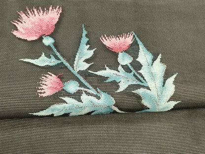 平和屋着物＊夏物 九寸名古屋帯 草花文 黒地 銀糸 正絹 逸品 DAAX5529cm