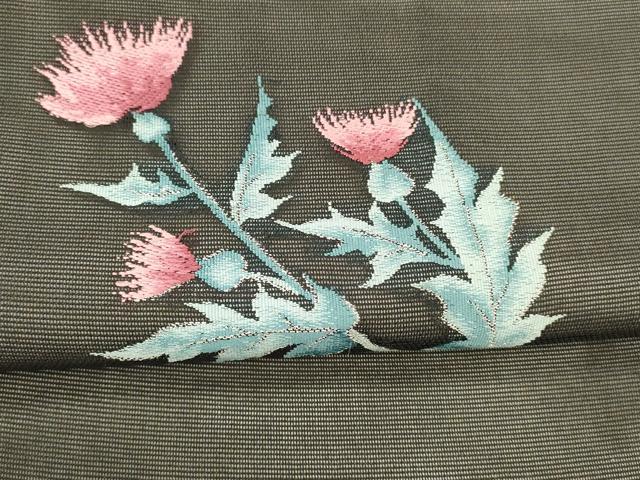 平和屋着物＊夏物 九寸名古屋帯 草花文 黒地 銀糸 正絹 逸品 DAAX5529cm
