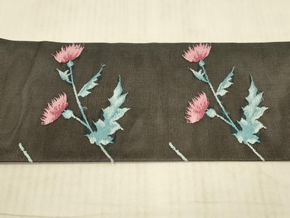 平和屋着物＊夏物 九寸名古屋帯 草花文 黒地 銀糸 正絹 逸品 DAAX5529cm