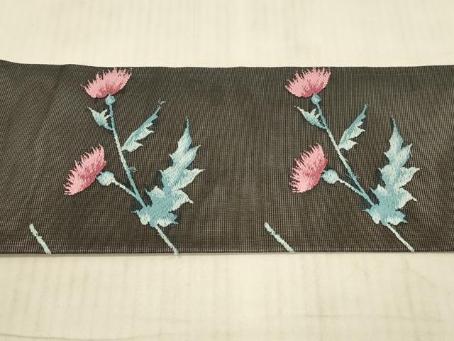 平和屋着物＊夏物 九寸名古屋帯 草花文 黒地 銀糸 正絹 逸品 DAAX5529cm