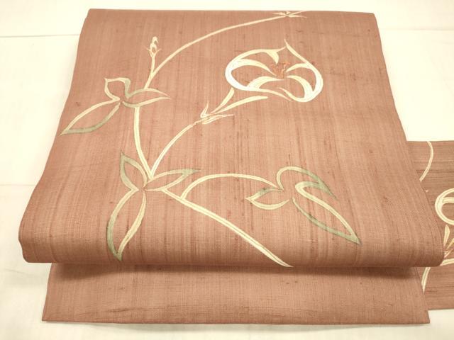 平和屋着物＊夏物 九寸名古屋帯 紬地 草花文 正絹 逸品 DAAX5533cm