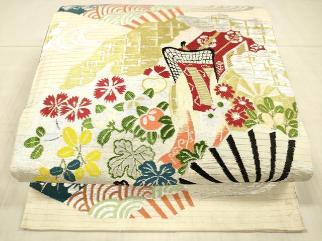 平和屋着物＊夏物 アンティーク 大正ロマン 丸帯 引き抜き帯 御所車扇面草花文 金銀糸 正絹 逸品 DAAX5541cm