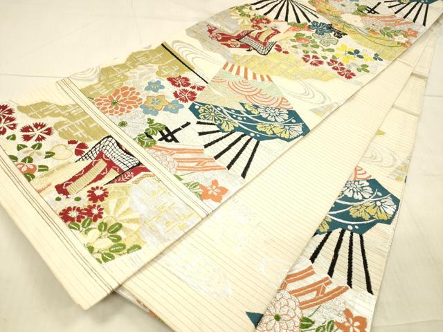 平和屋着物＊夏物 アンティーク 大正ロマン 丸帯 引き抜き帯 御所車扇面草花文 金銀糸 正絹 逸品 DAAX5541cm