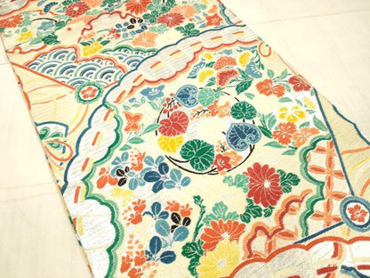平和屋着物＊夏物 アンティーク 大正ロマン 丸帯 引き抜き帯 檜扇草花文 銀糸 正絹 逸品 DAAX5544cm