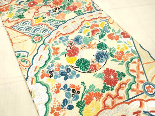 平和屋着物＊夏物 アンティーク 大正ロマン 丸帯 引き抜き帯 檜扇草花文 銀糸 正絹 逸品 DAAX5544cm