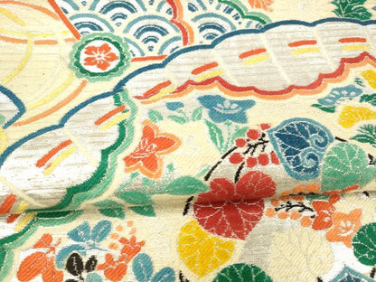 平和屋着物＊夏物 アンティーク 大正ロマン 丸帯 引き抜き帯 檜扇草花文 銀糸 正絹 逸品 DAAX5544cm