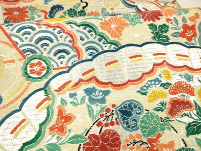 平和屋着物＊夏物 アンティーク 大正ロマン 丸帯 引き抜き帯 檜扇草花文 銀糸 正絹 逸品 DAAX5544cm