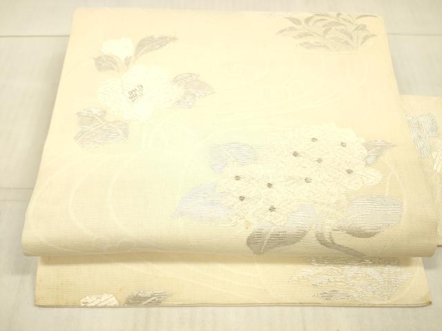 平和屋着物＊夏物 九寸名古屋帯 流水草花文 銀糸 正絹 逸品 DAAX5546cm