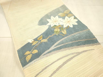 平和屋着物＊夏物　絽綴れ　八寸名古屋帯　枝花文　金銀糸　正絹　逸品　DAAX5547cm