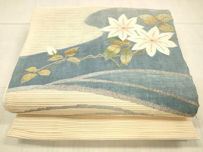 平和屋着物＊夏物　絽綴れ　八寸名古屋帯　枝花文　金銀糸　正絹　逸品　DAAX5547cm